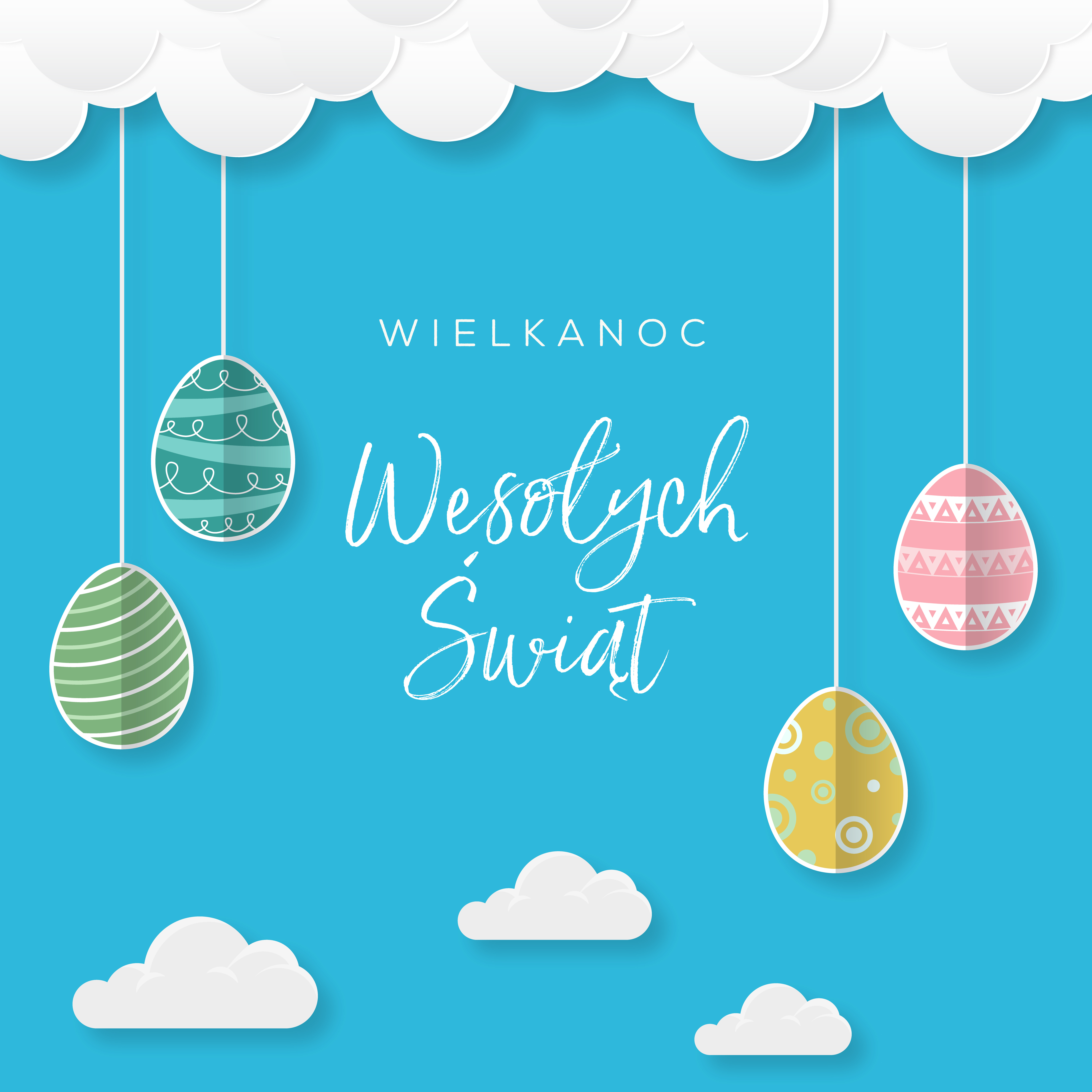 Wielkanoc Wesołych Świąt, koncepcja kartki w języku polskim z przepięknymi kolorowymi jajkami wielkanocnymi, które zwisają na sznurku z chmur na niebie